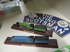 The Flying Scotsman Cast Name Plate, blue and white with Scottish Thistle decoration, width 40cm,