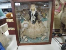 Victorian Wax Headed Doll having kid leather lower limbs in traditional summer dress with bonnet