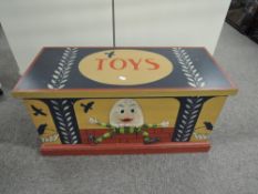 Modern Wooden Toy Box having hinged Lid and Humpty Dumpty Decoration containing modern TY and