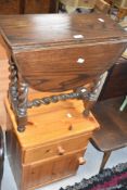 A small oak barley twist drop-leaf occasional table, sold together with a pine bedside cupboard