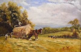 M Watson (20th century) oil on board, bygone harvest scene, signed lower left, within a moulded