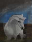 David Johnson (local contemporary) pastels, depiction of a white horse watering, unsigned within a