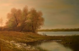 Rachel .R (British Contemporary) A pair of oil on canvas's, depicting a hazy sunrise over trees