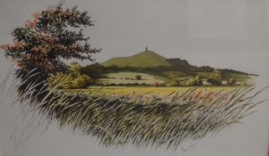 After Michael Cooper (British 1944) colour print 'Glastonbury Tor' a view of Glastonbury Tor from