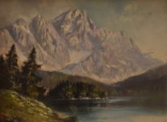 Wilhelm (Willy) Neumayer (German 1912-1991) oil on board 'The Zugspitze from Lake Eibsee'