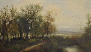Delcroix (19th century) a pair of large oil on canvas's, each a woodland path scene with figure,