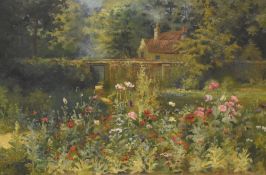 Artist unknown, a 20th century oil on canvas, country garden scene with blossoming flowers, house