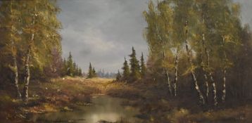 A 20th century oil on canvas, woodland scene with pond, indistinctly signed lower right within a