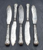 A group of five Victorian silver King's pattern fish knives, the blades having decorative scroll