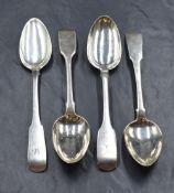 A pair of Scottish George IV silver fiddle pattern spoons, having 'MG' to terminals, marks for