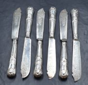 A set of six late Victorian silver King's pattern fish knives, the silver blades having decorative