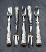 A group of five late Victorian silver King's pattern forks, having decorative engraving to the