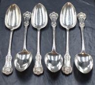 A set of six Scottish William IV silver Queen's pattern serving spoons, having 'R' initial to