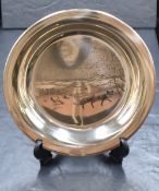 A boxed Elizabeth II silver limited edition James Wyeth 'Winter Fox' etched plate, the plate of