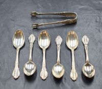 A cased set of six George V silver Victoria pattern teaspoons and sugar tongs, marks for