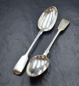 A pair of Victorian silver fiddle pattern serving spoons, having 'D' initial to terminals, marks for