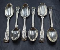 A group of six 19th and early 20th century silver King's pattern spoons, four having engraving to