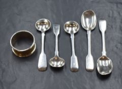 A pair of Victorian silver fiddle pattern condiment spoons, having 'D' initial to terminals, marks