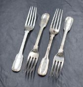 A set of four Victorian silver fiddle and thread pattern forks, having heraldic crests to the