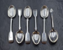 A group of five Victorian silver fiddle pattern teaspoons, with 'D' initial to terminal, marks for