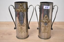 WW1 Trench Art brass ornately etched 75 DEC shell cases, one stamped D.73L.15.D with Royal Artillery