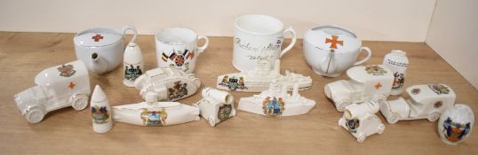WW1 period Military Crested Ware or crestware porcelain figures, thirteen pieces including a Shelley