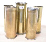 WW1 Trench Art brass shell cases, one dated 1917 ornately etched with flowers and Arras 1918,