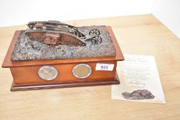 Danbury Mint bronzed sculpture of The World's First Combat Tank, a WW1 Mark 1, set on a wooden