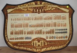 Hornady Bullets vintage solid wooden display board for Hornady MFG. Co. Grand Island, NE, ornately