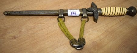 German 3rd Reich Luftwaffe-style dagger with hangers, embossed floral design to blade near hilt,