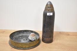 WW1 Trench Art brass Turkish 75mm QF 18-pounder inert/deactivated shrapnel shell, probably