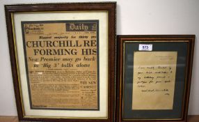 Sir Winston Churchill, facsimile letter from Churchill expressing gratitude, 'I am deeply touched by