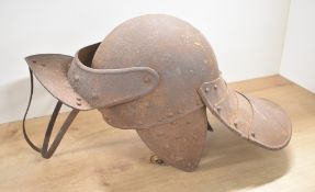 English Civil War Parliamentarian-style steel helmet with articulated lobster tail to neck, hinged