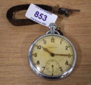 Military Leonidas nickel open face pocket watch, top wind, signed creme dial with subsidiary seconds