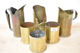 WW1 Trench Art brass shell cases, adapted mixed-size selection, two 18-pounder 1915 in form of