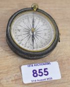 Brass pocket compass, thought to be WW1 or earlier vintage, 45mm diameter, having a bronzed finish