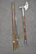 Viking or Medieval replica weapons of war, one sword with 71cm blade in scabbard, 110cm overall