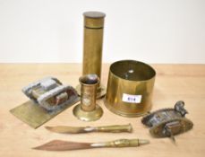 WW1 Trench Art brass shell cases and items, adapted mixed-size selection to include two paper knives