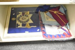 A framed Grande Lodge Undress Apron, w55cm, sold together with various other Masonic items
