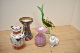 A studio pottery vase with makers mark to underneath sold alongside a Mdina style lilac bud vase and