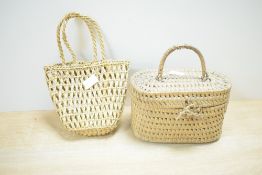A miniature wicker basket, h14cm, sold together with a similar bag
