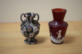 A glass Murano Millefiori style urn vase having shaped handles, h9.5cm, sold together with a