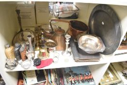 An early 20th century copper tea pot, h25cm, sold together with a flask, candlestick and a silver
