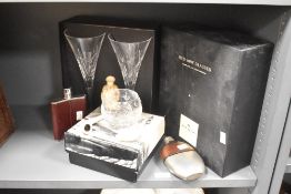 A pair of Jeff Banks wine glasses, h28cm, sold together with two hip flasks and pipes ect