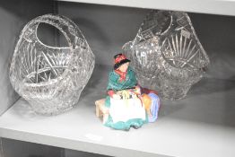 A pair of hand cut crystal basket vases, h20.5cm, sold together with a Royal Doulton 'Silks and