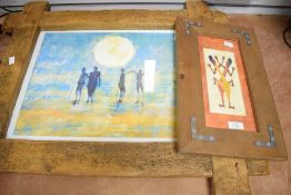 A framed print depicting four figures under a large moon or sun, housed in a rustic style wooden