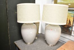 A large pair of table lamps having crackle glaze and shade, h70cm, sold together with an alabaster