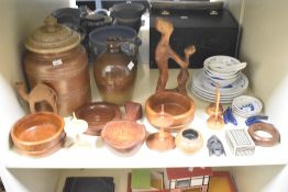 A stoneware jar with cover, h30cm, sold together with a wooden candlestick, bowl and ceramic