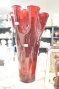 A large ruby red handkerchief glass vase, h56cm