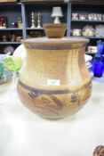 A large studio pottery storage jar / bread crock, hand painted with stylised bird patterns, h33cm